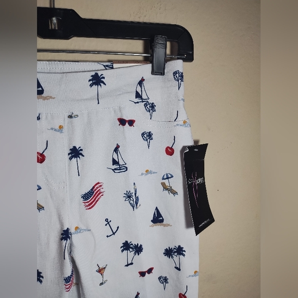 New Multiples Slim Sation Pull On Pants Nautical Patriotic Cherries - Picture 3 of 16